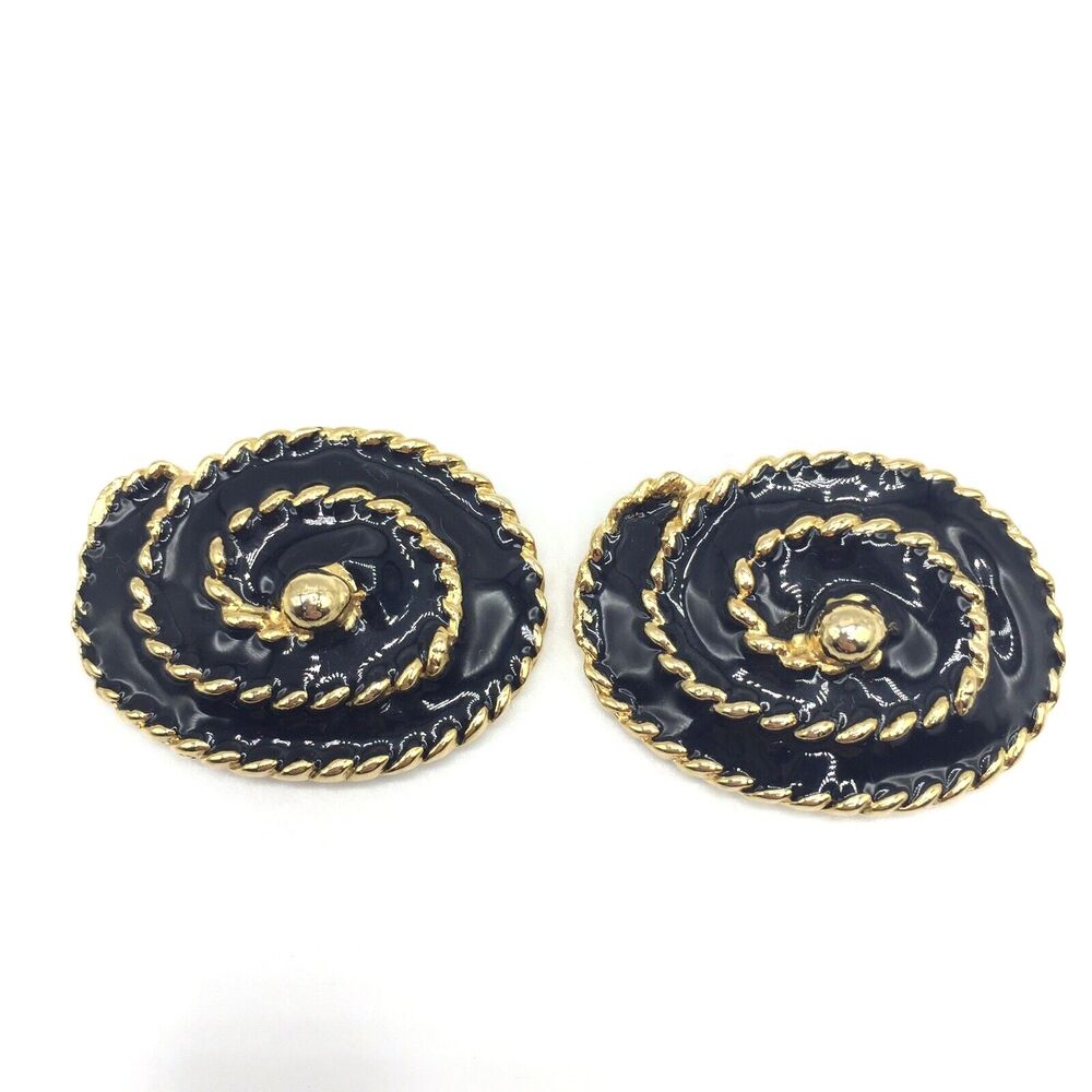 Vtg BLUETTE France Black Enamel Gold Tone Metal Rope Swirl Shoe Clips 1 3/8"